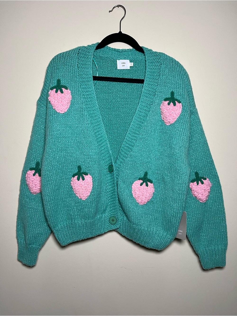 Luna Ivy Teal Strawberry Chunky Knit Cardigan Sweater Womens Size XS Cottagecore